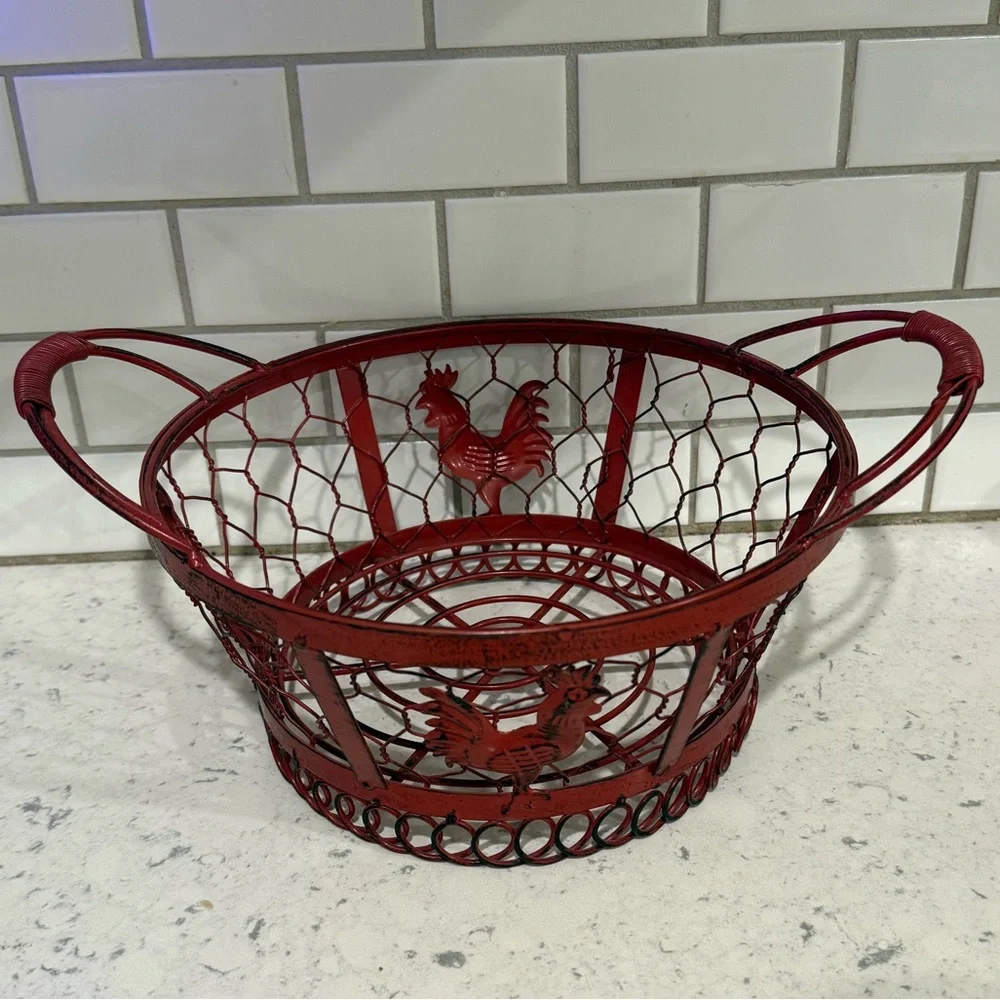 Red Rooster red wired metal basket approximately 7” diameter